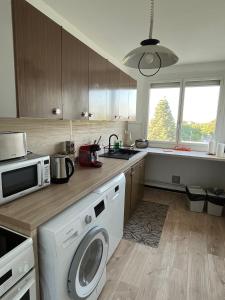 奥尔良Appartement T5 standing 104m2的厨房配有洗衣机和微波炉。