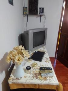 曼加拉蒂巴Mangaratiba Lazer e paz na Mata Atlântica的一张带花瓶的桌子和一台电视机