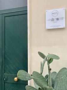 莱切HABITARE Lecce & Salento的墙上有标志的在门旁边的植物