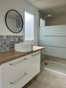 托尔雷莱Camping Le Calypso 5 étoiles的浴室配有盥洗盆、镜子和浴缸