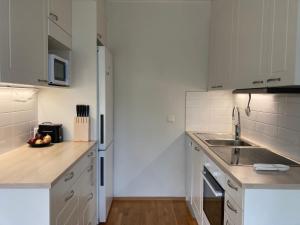 埃斯波Tapiola Hill Apartment 2 bedroom and 1 living with private parking的白色的厨房配有水槽和冰箱