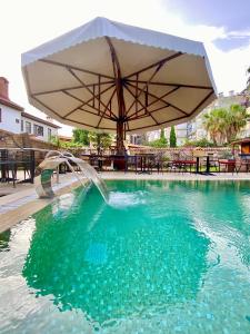 安塔利亚Necip Bey Konağı的一个带遮阳伞和喷泉的游泳池