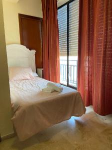 赫雷斯-德拉弗龙特拉Hotel Medina Centro的一间卧室设有一张床和一个大窗户