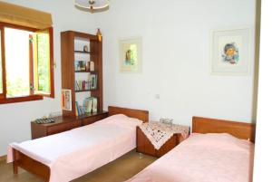 马拉希亚斯Fokiotripa (lovely villa on an enchanting beach)的一间卧室设有两张床和窗户。