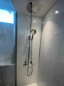 贝克斯希尔Bexhill Stunning 2 bedroom Sea Front Bungalow的带淋浴的浴室,带玻璃门