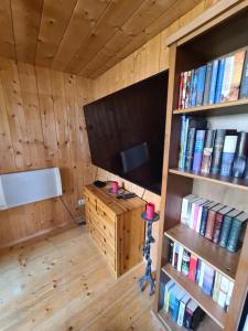 比尔塞贝格Burtscha Lodge im Sommer inklusive der Gästekarte Premium的一间配有电视的房间和书架