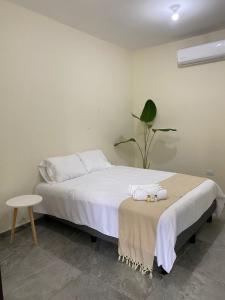 CunduacánHotel La Isla的卧室配有白色的床和桌子