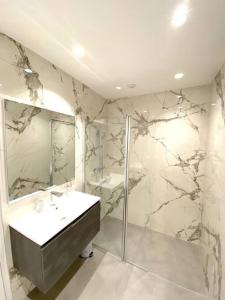 安锡T3 de 73 m2 , garage , vue montagnes et château的白色的浴室设有水槽和淋浴。