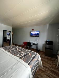 麦迪逊Valued Stay Aloha的一间卧室配有一张床、一张书桌和一台电视。