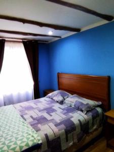 奇廉Cabaña en Recinto con piscina y tinaja的一间卧室配有一张蓝色墙壁的床