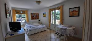 圣特罗佩Villa Playa del Sol - B2的一间卧室配有一张床和一张书桌及电视