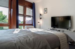 帕德博恩Zentrale ruhige Wohnung mit Parkplatz的一间卧室配有一张床和一台平面电视