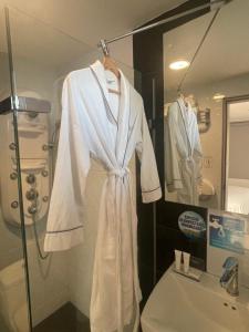 里奥阿查Hotel Juan Pablo 2的浴室设有悬挂在淋浴间内的浴袍