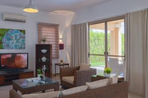 艾因苏赫纳Safty Palm Oasis Private Pool & Beach Access的客厅配有沙发、椅子和电视