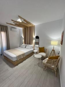 瓦西利基阿克罗伊亚利度假公寓的一间卧室配有一张大床和一把椅子