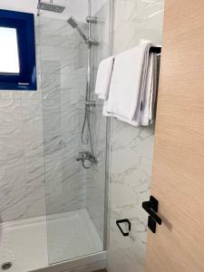 瓦西利基阿克罗伊亚利度假公寓的带淋浴的浴室和玻璃门