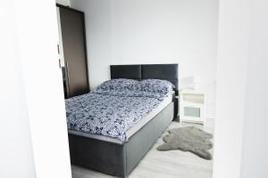凯尔采Chill Apartments Jurajska Plaza Kielce Targi的一间卧室配有一张床和地毯