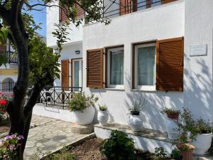斯科派洛斯Karagiozos Studios & Apartments的白色的房子,设有木窗和盆栽植物