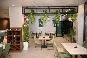 都拉斯Hotel Vino的一间设有桌椅的餐厅,种植了植物