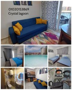 阿莱曼Two Bedrooms for Families only Chalet Sia Lagoon Golf Porto Marina للعائلات فقط شاليه غرفتين كريستال لاجون جولف بورتو مارينا的一张蓝色沙发照片的拼贴画
