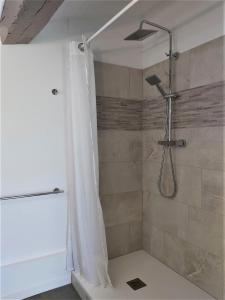 Jau-Dignac-et-LoiracRavissant studio à la ferme avec piscine的浴室内配有淋浴帘。