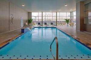 休斯顿Four Points by Sheraton Houston Intercontinental Airport的蓝色的大游泳池,位于酒店客房内