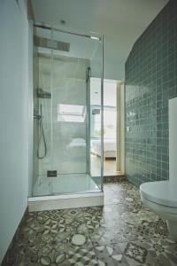 马斯特里赫特B&B Maas en Heuvel Maastricht的一间带玻璃淋浴和卫生间的浴室