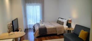 阿威罗Ria Palace Apartment的一间卧室配有一张床、一张沙发和一台电视