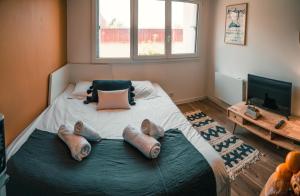 安锡Studio Falquet - Proche vieille ville的一间卧室配有带3个枕头的床