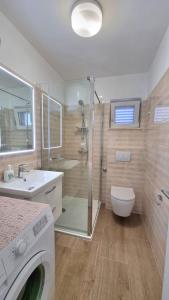 斯塔布鲁克Apartment La Mare的带淋浴水槽和洗衣机的浴室