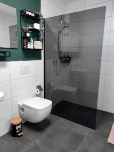 贝尔吉施格拉德巴赫Moderne Wohnung mit Loggia - Neubau 2023的浴室配有白色卫生间和淋浴。
