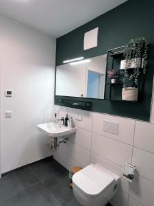 贝尔吉施格拉德巴赫Moderne Wohnung mit Loggia - Neubau 2023的一间带卫生间、水槽和镜子的浴室