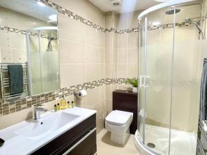 本莱赫Apartment 3 Benllech with Sea views的带淋浴、盥洗盆和卫生间的浴室