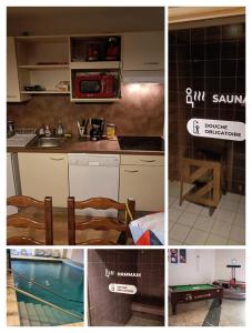 莱代塞尔Appartement Le Montagnard的厨房和游泳池图片的拼合