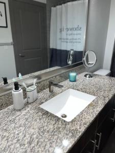 休斯顿Comfy Abode near Bush Airport的浴室的柜台设有水槽和镜子