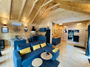 SelnoHoliday House Novus的一间带蓝色沙发的客厅和一间厨房