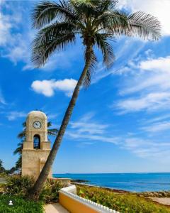 西棕榈滩Wellington Garden的一座钟楼,旁边是棕榈树