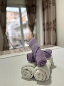 布德瓦Pearl Apartments的一堆毛巾上的一个紫色泰迪熊