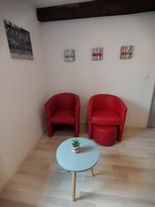 TonneinsLe Vélo Vintage, Beau 2 pièces centre ville的客厅配有2把红色椅子和桌子