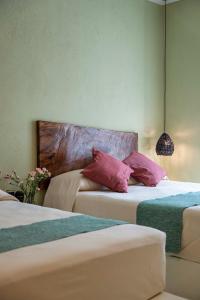 圣克鲁斯华特库Hotel Bindani’的客房设有两张床,配有粉红色枕头。