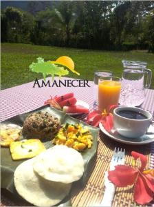 图里亚尔瓦Hospedaje Amanecer的一张野餐桌,上面放着一盘食物和橙汁