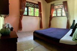 康提Dili's Home Stay的一间卧室设有一张床和两个窗户。