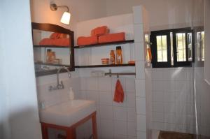 皮萨拉B&B Finca Alegria de la Vida的浴室配有盥洗盆、淋浴和橙色毛巾