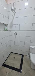 拉利贝拉Light and airy villa in Lalibela的浴室内铺有白色瓷砖的淋浴和卫生间