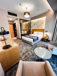 伊斯坦布尔Triada Hotel Karaköy的酒店客房,配有床和沙发
