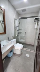 Comfort Inn的带淋浴、卫生间和盥洗盆的浴室