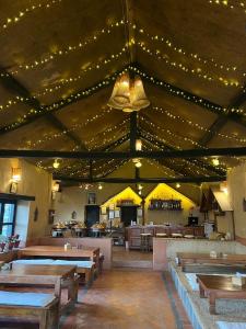 BurhānilkanthaPrakriti Resort and Organic Farm Pvt. Ltd.的餐厅设有木桌和天花板上的灯