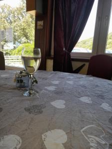 洛帕Leon的坐在桌子上喝一杯葡萄酒