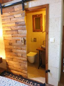 阿瓦诺斯Avangart Hotel的一间带卫生间和木墙的浴室