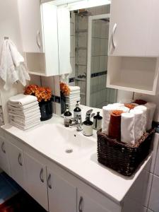 纳尔维克Høy standard. Mye for pengene. Gratis velkomstgave的浴室设有水槽、毛巾和镜子